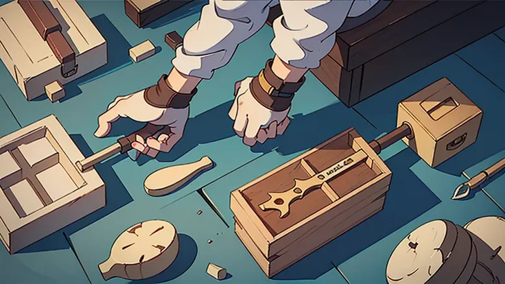 On a stone table were some carpentry tools scattered in an open wooden box. Seen outside the box is a wooden crab, saw,a hammer and a pair of gloves .Describe this situation from a close distance, emphasizing the shapes, interlacing and space.