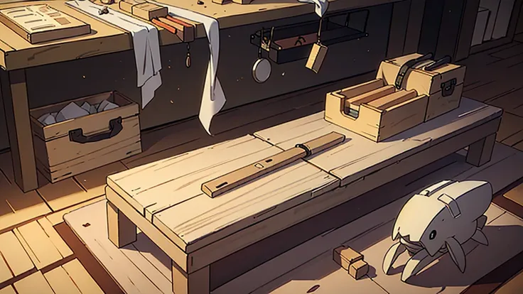 On a stone table were some carpentry tools scattered in an open wooden box. Seen outside the box is a wooden crab, saw,a hammer and a pair of gloves .Describe this situation from a close distance, emphasizing the shapes, interlacing and space.