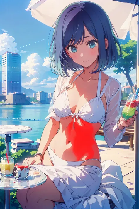 (Highest quality:1.4、8K:1.4、detailed)、F cup bust、Big Breasts、Slim body、Very white beautiful skin、((((1 person、Surprised expression、sit、Chair、In the background are the urban buildings of Tokyo、looking at the camera、Outdoor café terrace、coastal、Navy hair col...