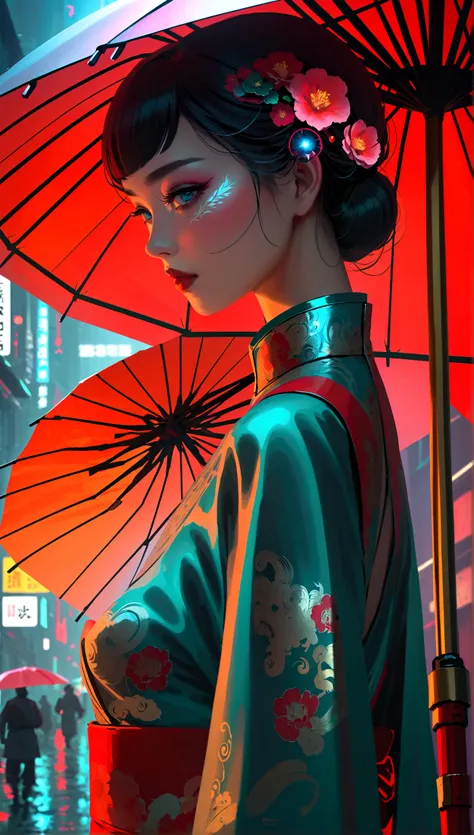 (best quality), (very good), (masterpiece), illustration, A girl,, (Holding an umbrella)，（Cyberpunk，Cheongsam, a traditional Chinese costume，Cybernetic implants），Hair accessories, Vibrant colors，Dynamic Lighting，Neon，Glowing city skyline，Holographic projec...