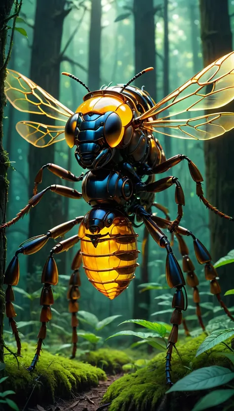 The background is the forest, The fusion of biology and machines, Transparent Mechanical Giant Hornet, Complex and precise internal structure, LED that glows inside the body