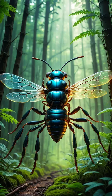 The background is the forest, The fusion of biology and machines, Transparent Mechanical Giant Hornet, Complex and precise internal structure, LED that glows inside the body