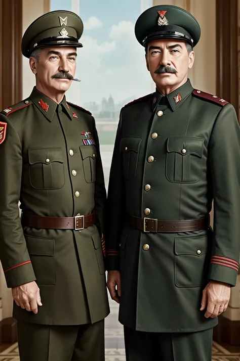 Hey create  one photo where is 2  paths, one where we can find joseph stalin and the other a person that that wear a military uniform withabout 5 feet 9 inches or 175 cm). He had a prominent nose, dark hair, and a distinctive toothbrush mustache