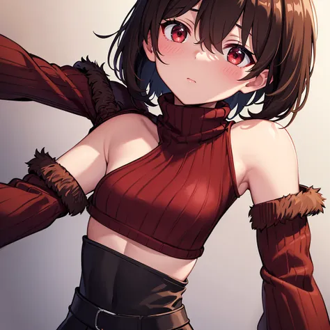 (masterpiece, best quality), charasf, 1girl, solo, short hair, brown hair, red eyes, collar, black jacket, off shoulder, fur tri...