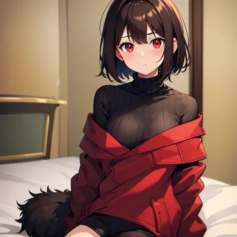 (masterpiece, best quality), charaSF, 1girl, solo, short hair, brown hair, red eyes, collar, black jacket, off shoulder, fur trim, red sweater, ribbed sweater, turtleneck, shoulder cutout, long sleeves, black shorts, blush, portrait