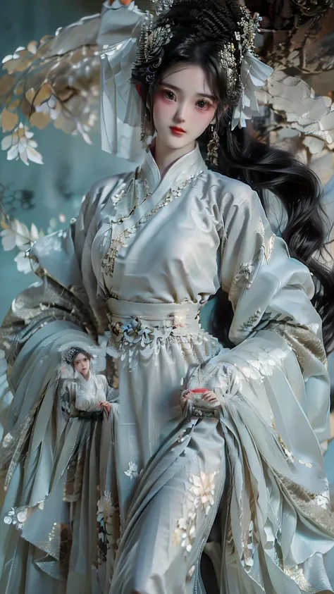 One wears a skirt、Full body shot of woman with flowers in hair, portrait, CG Trends, Reality, Beautiful Chinese model, Traditional Beauty, Chinese Girl, Gas Station Trends, Hot topics on cgstation, Chinese, palace ， The girl is wearing a lake green cross-c...