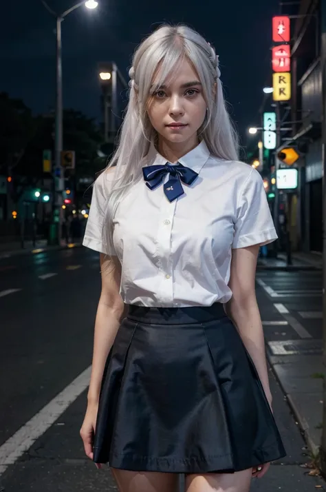 (8k, RAW photo, best quality, mastery:1.3),(realistic,photo-realistic:1.37),(night),(looking viewer:1.331),(white hair),posing,Tokyo street,nightcityscape,cyberpunk city,soft light, 1girl, extremely beautiful face, perfect body proportions, focal length, b...