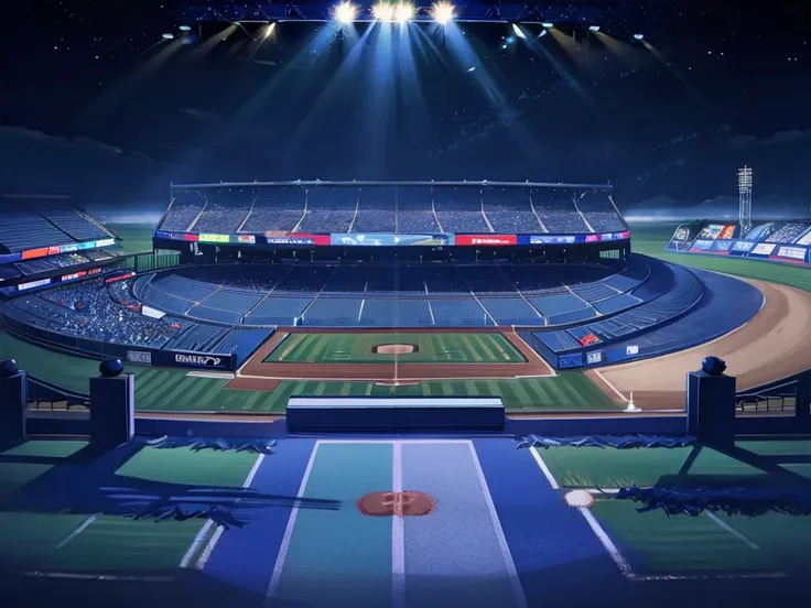 ((highest quality)), A packed audience waving blue glow sticks、Baseball Stadium、Outfield seats、Night games、Relief car、Flying blue light、Particle Effects