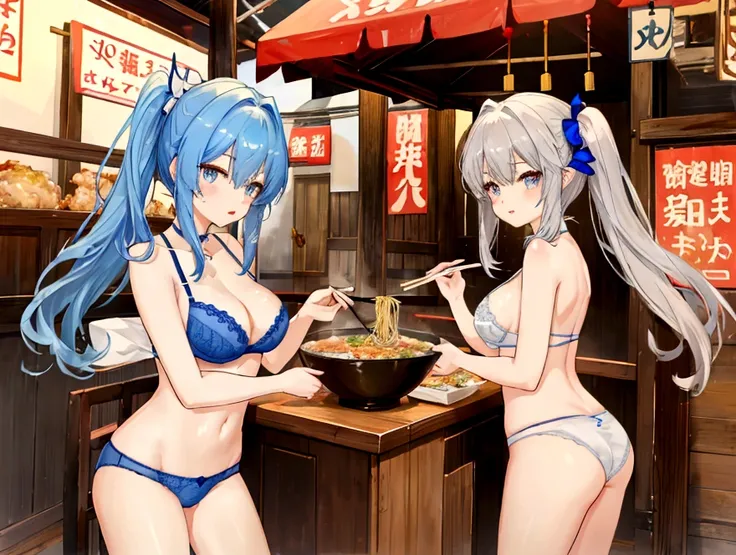 Three sisters in underwear eat heartily、A thin cute blue bra、Thin cute blue underwear、Large size ramen、Large serving of fried rice、dumpling、Beer 、Fried Chicken、Salt Ramen