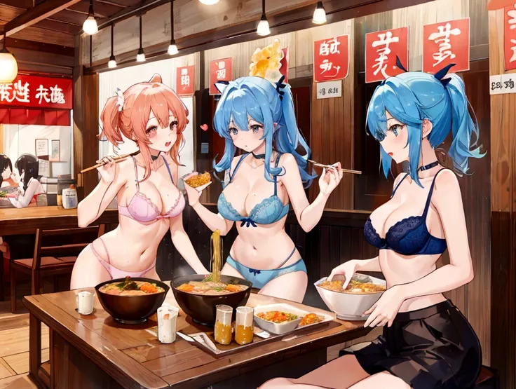 Three sisters in underwear eat heartily、A thin cute blue bra、Thin cute blue underwear、Large size ramen、Large serving of fried rice、dumpling、Beer 、Fried Chicken、Salt Ramen