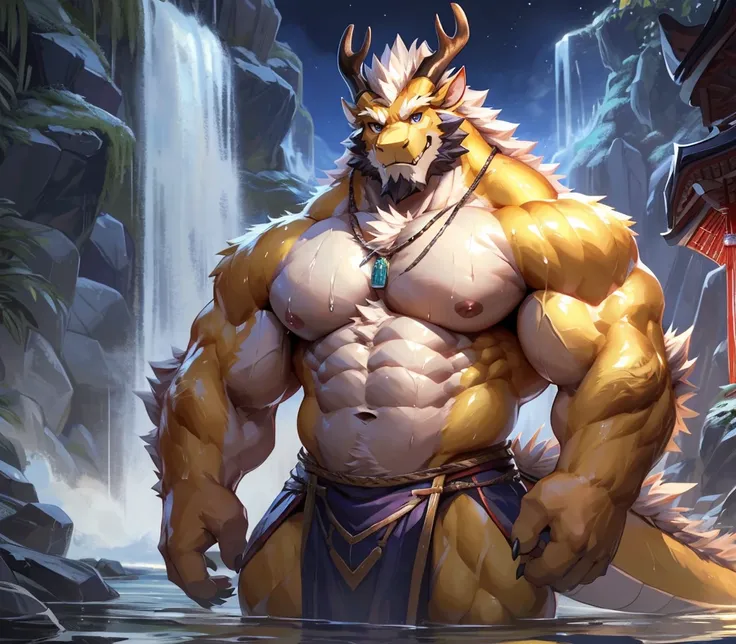 absurdres, ((best quality)), ((masterpiece)), (ultra detailed),perfect face,antro oriental dragon:2.5, male , (((chinese dragon))):2.5, (((eastern dragon))):2.5,((yellow body)), (strong beefy muscular body), (abs, strongmuscles, 8 pack), furry, handsome,Be...