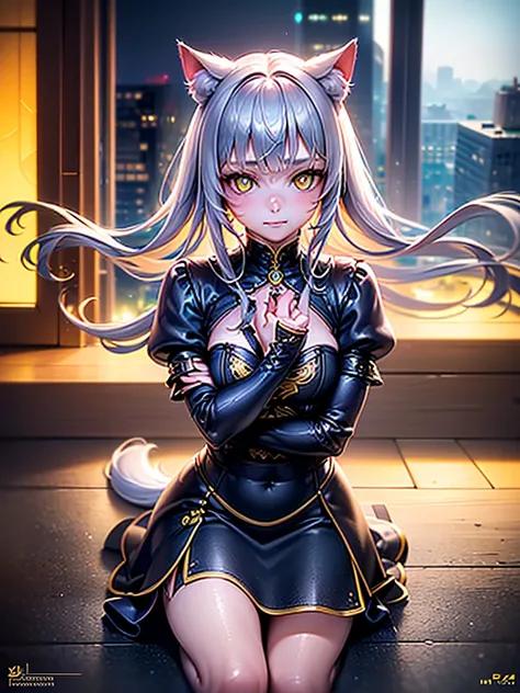 1girl, solo, catgirl, yellow eyes, gray cat ears, gray fluffy cat tail, medieval attire, sitting, smiling, (best quality, 4k, 8k, highres, masterpiece:1.2), ultra-detailed, (realistic, photorealistic, photo-realistic:1.37), HDR, UHD, studio lighting, ultra...