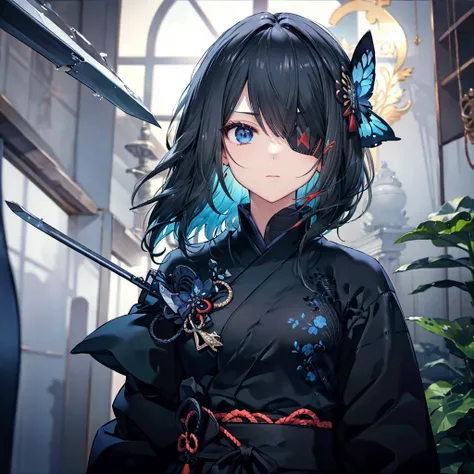 (((1 person　Put on an eye patch　White and black hair)))　((High resolution　short hair　Black kimono　Shoulder　Rin々Funny face　knifeを胸の前で構える))　((Black Band　samurai　Lonely　despair　blue eyes　Close-up))　((Blue Butterfly　night　Japanese style　old　Shining Aura　garden...