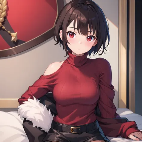 (masterpiece, best quality), charasf, 1girl, solo, short hair, brown hair, red eyes, collar, black jacket, off shoulder, fur tri...