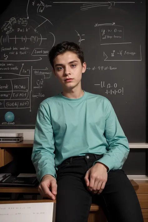 A beautiful young twink, cute male, with black hair and a face with makeup. He is wearing a long-sleeved aquamarine shirt and black jeans. He is in his luxurious scientific office, and behind him is a blackboard with neurons and calculus written on it, and...