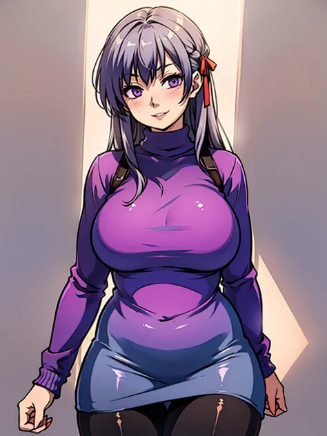 high_aesthetic,art by Lazorchef, ((Masterpiece, best quality, perfect lighting, amazing shading)), perfect anatomy, field of depth, extremely beautiful, long silver hair, hair ribbons, purple eyes, turtleneck sweater, tights, cute smile, (curvy), blushing,...