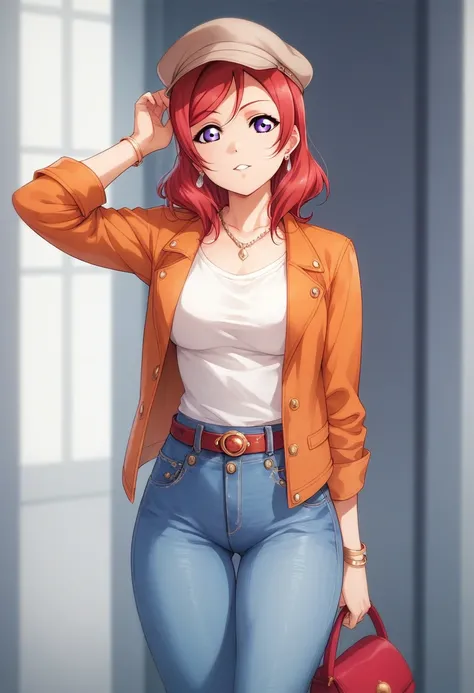 Masterpiece, best quality, love live style,solo , nishikino maki, red hair, purple eyes,hourglass body,busty,shirt, hat, jewelry, jacket, white_shirt, earrings, belt, pants, hand_up, necklace, bag, denim, jeans, handbag, orange_jacket, castlevania style 