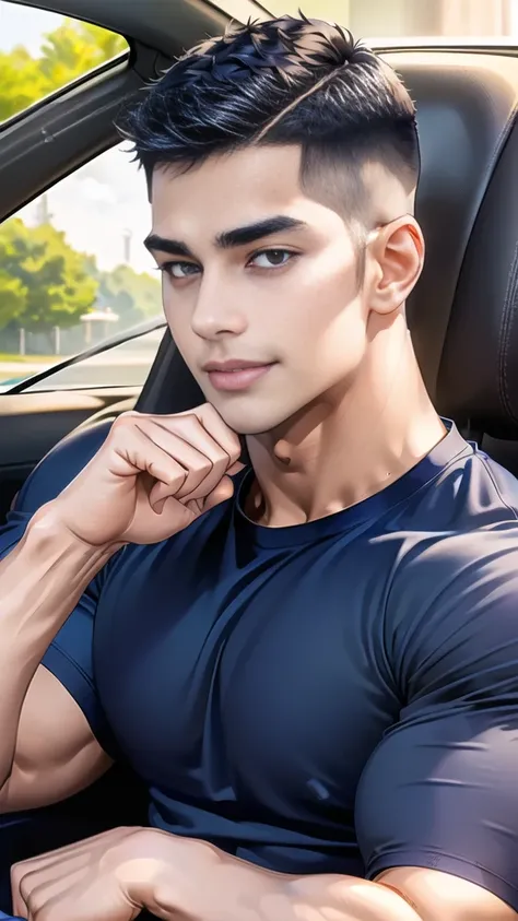 (Create a masterpiece: 1.2),(CGI art:1.3),(realistic:1.5),(After processing:1.3),(Sharp focus:1.3), 1 man holds the steering wheel of a car ,(crew cut short hair:1.8),black eye, smile, (Wear color navy round neck T-shirt with a Police badge: 1.3), Navy blu...