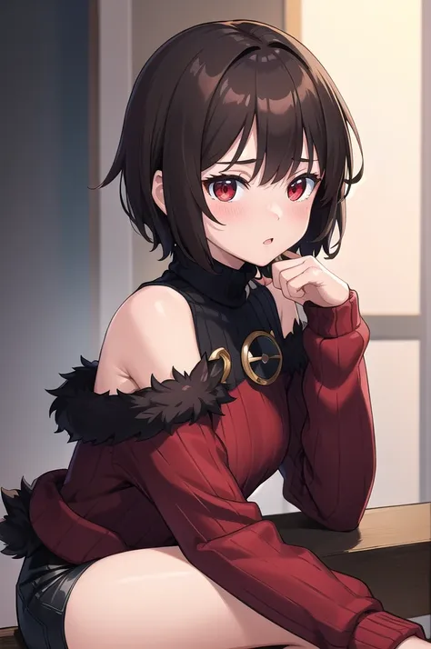 (masterpiece, best quality), charaSF, 1girl, solo, short hair, brown hair, red eyes, collar, black jacket, off shoulder, fur trim, red sweater, ribbed sweater, turtleneck, shoulder cutout, long sleeves, black shorts, blush, portrait