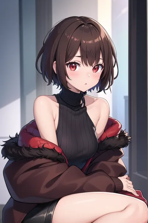 (masterpiece, best quality), charasf, 1girl, solo, short hair, brown hair, red eyes, collar, black jacket, off shoulder, fur tri...