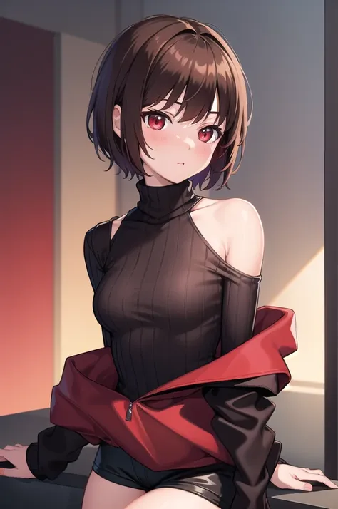 (masterpiece, best quality), charasf, 1girl, solo, short hair, brown hair, red eyes, collar, black jacket, off shoulder, fur tri...