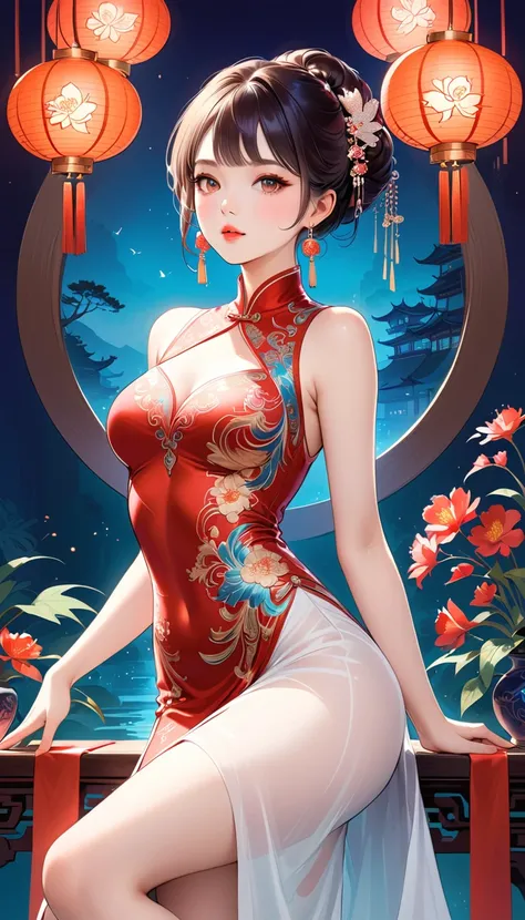 Chinese cheongsam sexy,illustration,High-end fashion,Beautiful and delicate eyes,Beautiful and delicate lips,Long eyelashes,Exquisite makeup,Vibrant colors,posture,Attractive background,Stylized Lighting,editing style,Chinese cultural elements,Exquisite em...