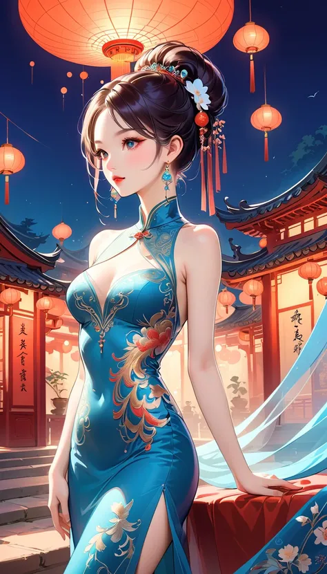 Chinese cheongsam sexy,illustration,High-end fashion,Beautiful and delicate eyes,Beautiful and delicate lips,Long eyelashes,Exquisite makeup,Vibrant colors,posture,Attractive background,Stylized Lighting,editing style,Chinese cultural elements,Exquisite em...