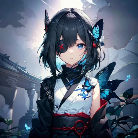 (((1 person　Put on an eye patch　Black Hair　White paper)))　((High resolution　short hair　Black kimono　Shoulder　Rin々Funny face　knifeを胸の前で構える))　((Black Band　samurai　Lonely　despair　blue eyes　Close-up))　((Blue Butterfly　night　Japanese style　old　Shining Aura　gard...