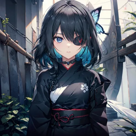 (((1 person　Put on an eye patch　Black Hair　White paper)))　((High resolution　short hair　Black kimono　Shoulder　Rin々Funny face　knifeを胸の前で構える))　((Black Band　samurai　Lonely　despair　blue eyes　Close-up))　((Blue Butterfly　night　Japanese style　old　Shining Aura　gard...