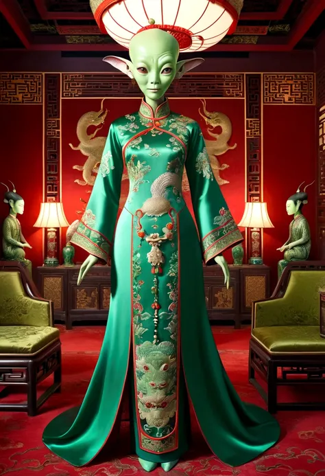 an alien creature,intricate cheongsam dress,asian royal room,green skin,barely humanoid,extremely detailed,photorealistic,ultra-detailed,masterpiece,8k,award winning art,dramatic lighting,ornate decor,ancient artifacts,opulent furnishings,silk embroidery,t...