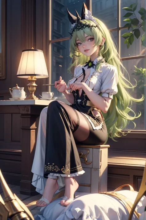 Mobius_(honkai impact 3d), white camelias, ornament hair, a snake girl, perfectly body, perfectly hands, wave hair, light green hair, long hair, maid, maid dress, maid headdress, maid apron, stand up close to the window, kitchen, kitchen scenery, gold lant...