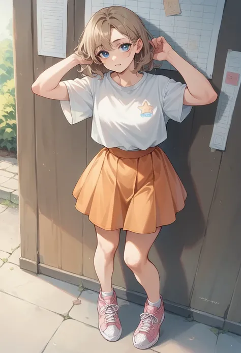 Create a light skinned 3d style female character, blue colored eyes, medium wavy light brown hair wearing a white blouse and an orange skirt with pink sneakers