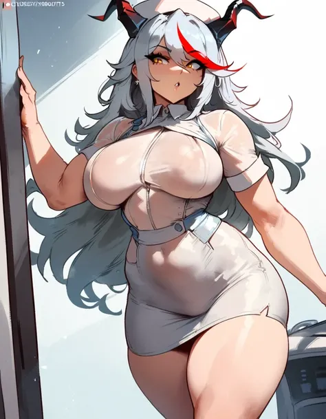 1girl, aegir (azur lane), azur lane  masterpiece, best quality, very aesthetic, absurdres, newest  sportive body, perfect breasts  by nyantcha,,by cutesexyrobutts,by khyle ///// silvery white hair with a single prominent red streak, black horns, yellow eye...