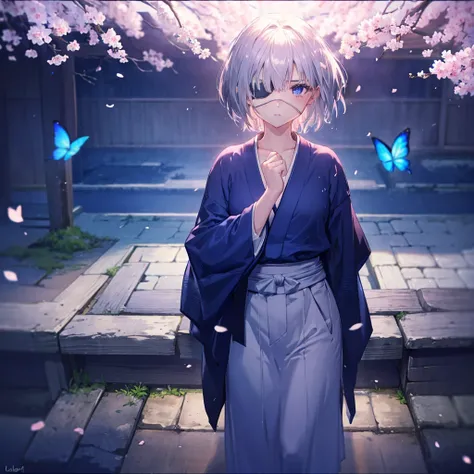 (((1 person　Gray Hair)))　((((Eye patch))))　(((High resolution　short hair　Black kimono)))　((Shoulder　Rin々Funny face　Hold the sword))　((Black Band　samurai　Lonely　despair　blue eyes　Pull camera))　((Blue Butterfly　night　Japanese style　old　Cherry Blossom Garden　...