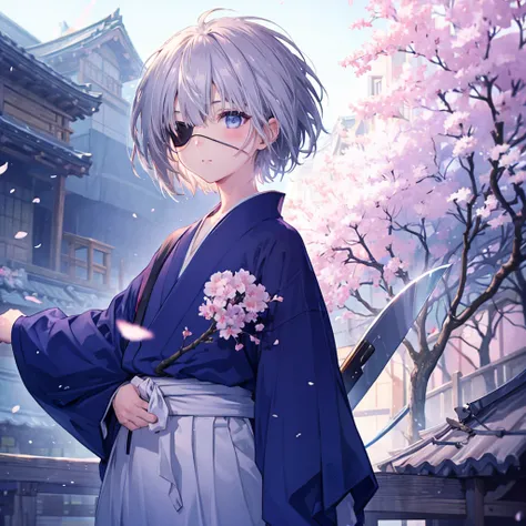 (((1 person　Gray Hair)))　((((Eye patch))))　(((High resolution　short hair　Black kimono)))　((Shoulder　Rin々Funny face　Hold the sword))　((Black Band　samurai　Lonely　despair　blue eyes　Pull camera))　((Blue Butterfly　night　Japanese style　old　Cherry Blossom Garden　...