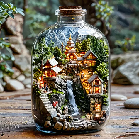 tilt-shift photography,(masterpiece, top quality, best quality),(ultra-detailed, absolutely resolution),((16k, high res)). (miniature in a glass bottle), (shrine, stone steps))