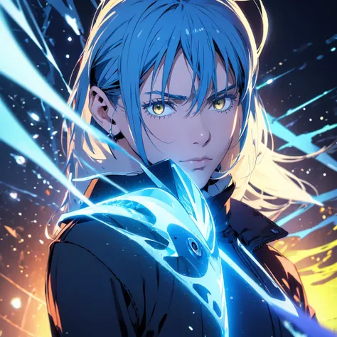 (masterpiece, best quality:1.5), photorealistic, vivid, vibrant, 1boy, face focus, adult, Rimuru Tempest, blue hair, glowing yellow eyes, sharp features, futuristic outfit, black and blue color scheme, dynamic pose, magical aura, floating, high-tech backgr...