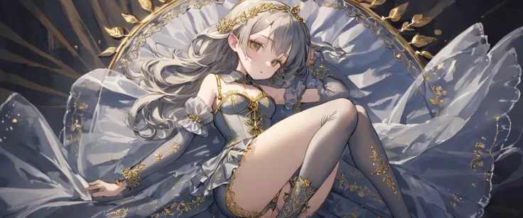 １people、8 year old medieval girl, In underwear、Gold and silver thread embroidery、Knee-length semi-transparent bloomers（Drawers）Wearing、Wearing a semi-transparent corset、Translucent slip, Grey translucent tights、sleep