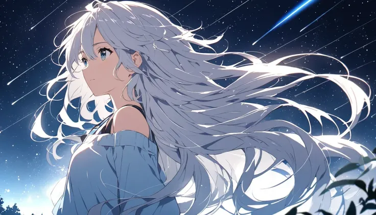 Anime drawings inspired by Makoto Shinkai, A girl throws a star into the dark sky, Shooting stars radiating from the night sky,pretty girl, Silver Hair, Long Hair, Disheveled Hair, Shiny Hair, listen to music