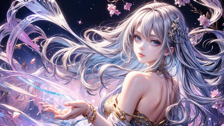 (Highest quality, 8K, CG), Beautiful and exquisite upper body, Delicate face,purplish-silver hair,Wavy Hair, Gradient Hair, Long Hair,Wearing a circlet, Purple eyes, Almond Eye, Exquisite eye makeup, 長さ eyelashes fluttering, Morning Glow, Delicate lip deta...