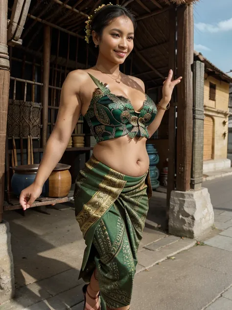 Masterpiece, top quality, best quality, official art, beautiful and aesthetic, extremely detailed, colorful, highest detailed. Stunning Beauty Voluptuous Javanese Herbal Peddler. Brown skin. Smile. Wearing green strapless tank top, long batik skirt, and ba...