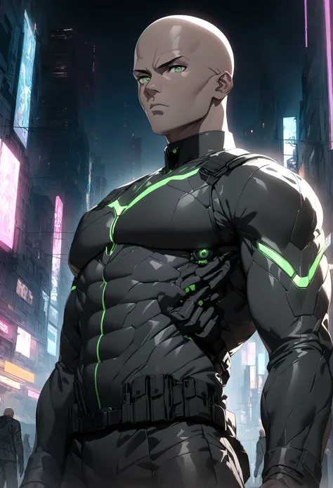 (masterpiece, 32k, 8k, cgi, cyberpunk effect), man, 46 years old, tanned black skin, deep green eyes, serious expression, bald, black Swat uniform, cyberpunk city setting