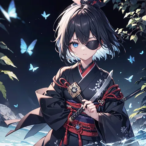 (((1 person　Put on an eye patch　Black and white hair)))　((High resolution　short hair　Black kimono　Shoulder　Rin々Funny face　knifeを胸の前で構える))　((Black Band　samurai　Lonely　despair　blue eyes　Close-up))　((Blue Butterfly　night　Japanese style　old　Shining Aura　garden...