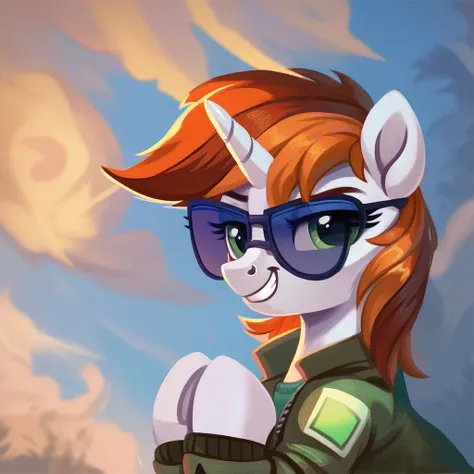 score_9, score_8_up, score_8, source_pony, 2D, solo, feral, pony, littlepip, unicorn, dripjacket, own hands together, IncrsXLDealWithIt, sunglasses, looking at viewer, smirking at viewer,