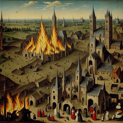  A painting of Hieronymus Bosch of a burning church 