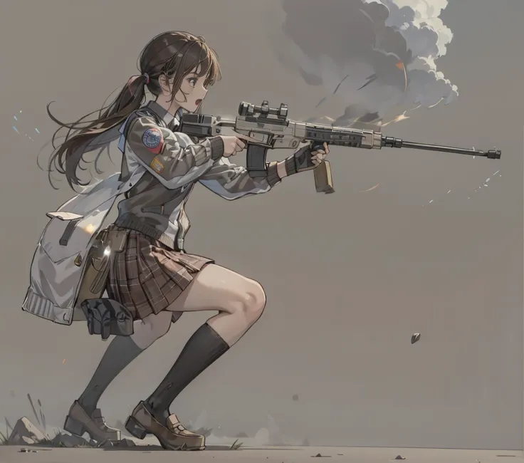 1girl, solo, open mouth, skirt, simple background, brown hair, shirt, white background, holding, twintails, brown eyes, , jacket, full body, weapon, pleated skirt, shoes, socks, holding weapon, gun, plaid, plaid skirt, brown footwear, sunglasses, letterbox...