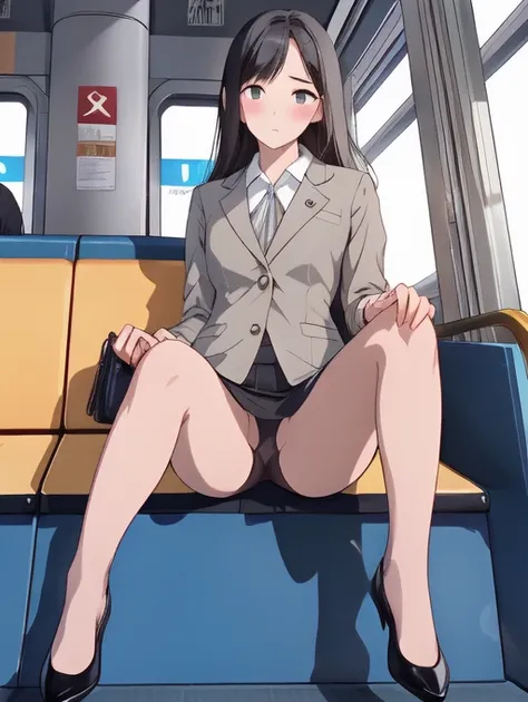 Full body portrait、Realistic、Gray ladies office suit、slender、Skinny、Thin legs、Black straight long hair ,Tuck hair behind ears、Black pumps、{{{Beige pantyhose}}}、blush、sitting in a train seat,  front、Lace panties, Grey tight mini skirt, masterpiece, Highest ...