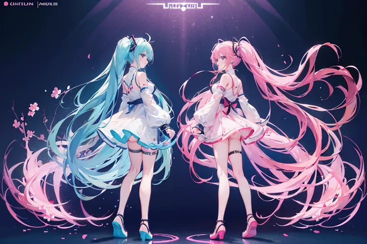 masterpiece,high quality,virtual youtuber, girl, pink long hair,blue eyes（pink hair,blue eyes）, (concept art, official art,full body)(((three sided view:1.3))), simple background, hatsune miku(vocaloid),sakura miku