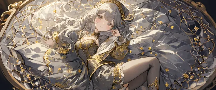 １people、8 year old medieval girl, In underwear、Gold and silver thread embroidery、Knee-length semi-transparent bloomers（Drawers）Wearing、Wearing a semi-transparent corset、Translucent slip, Grey translucent tights、sleep