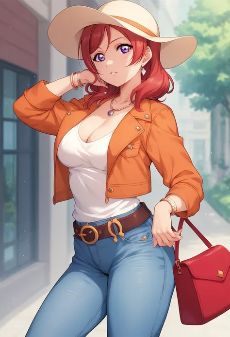 Masterpiece, best quality, love live style,solo , nishikino maki, red hair, purple eyes,hourglass body,busty,shirt, hat, jewelry, jacket, white_shirt, earrings, belt, pants, hand_up, necklace, bag, denim, jeans, handbag, orange_jacket, castlevania style , ...